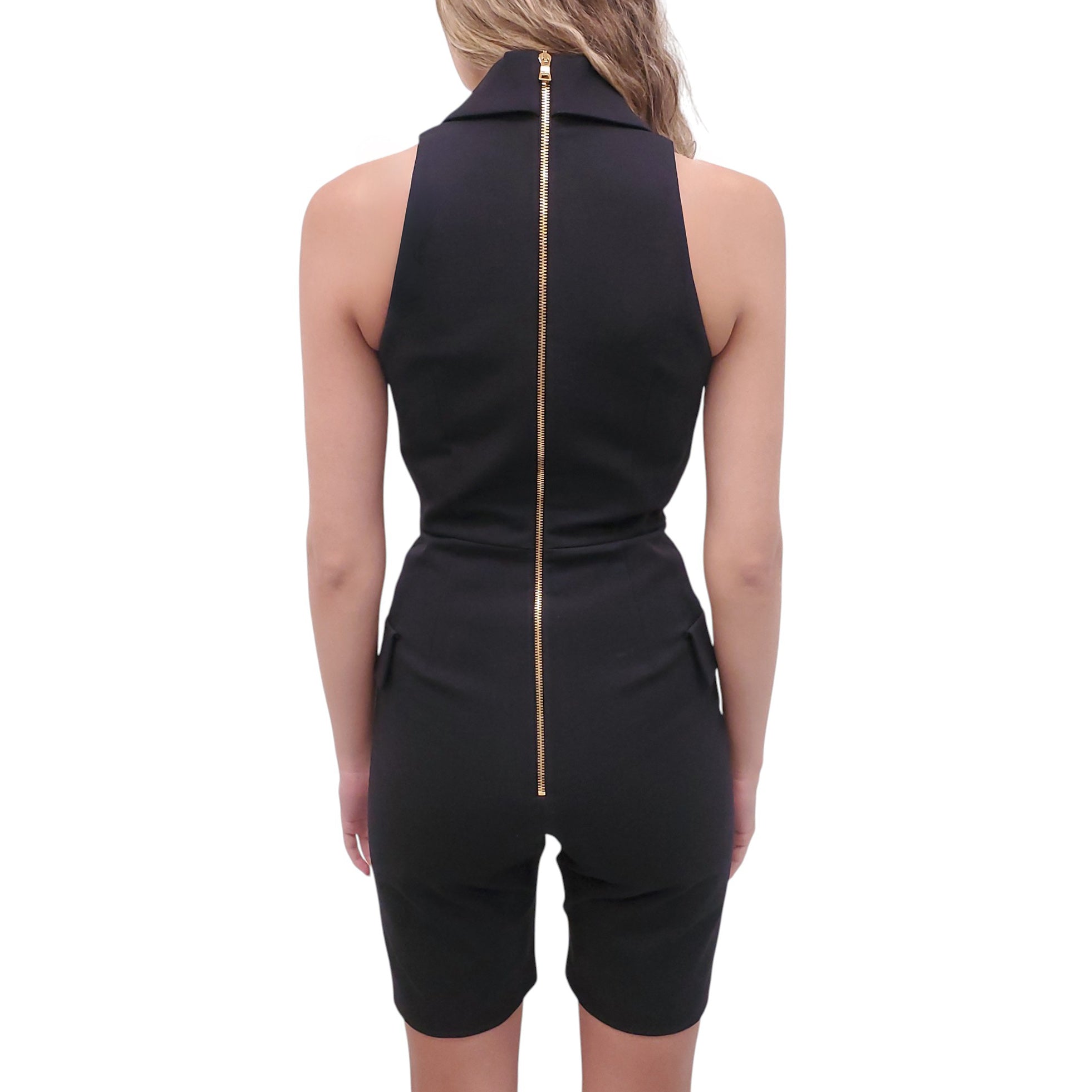 BALMAIN BLACK SLEEVELESS BLAZER ROMPER WITH GOLD LOGO BUTTONS - SIZE 38