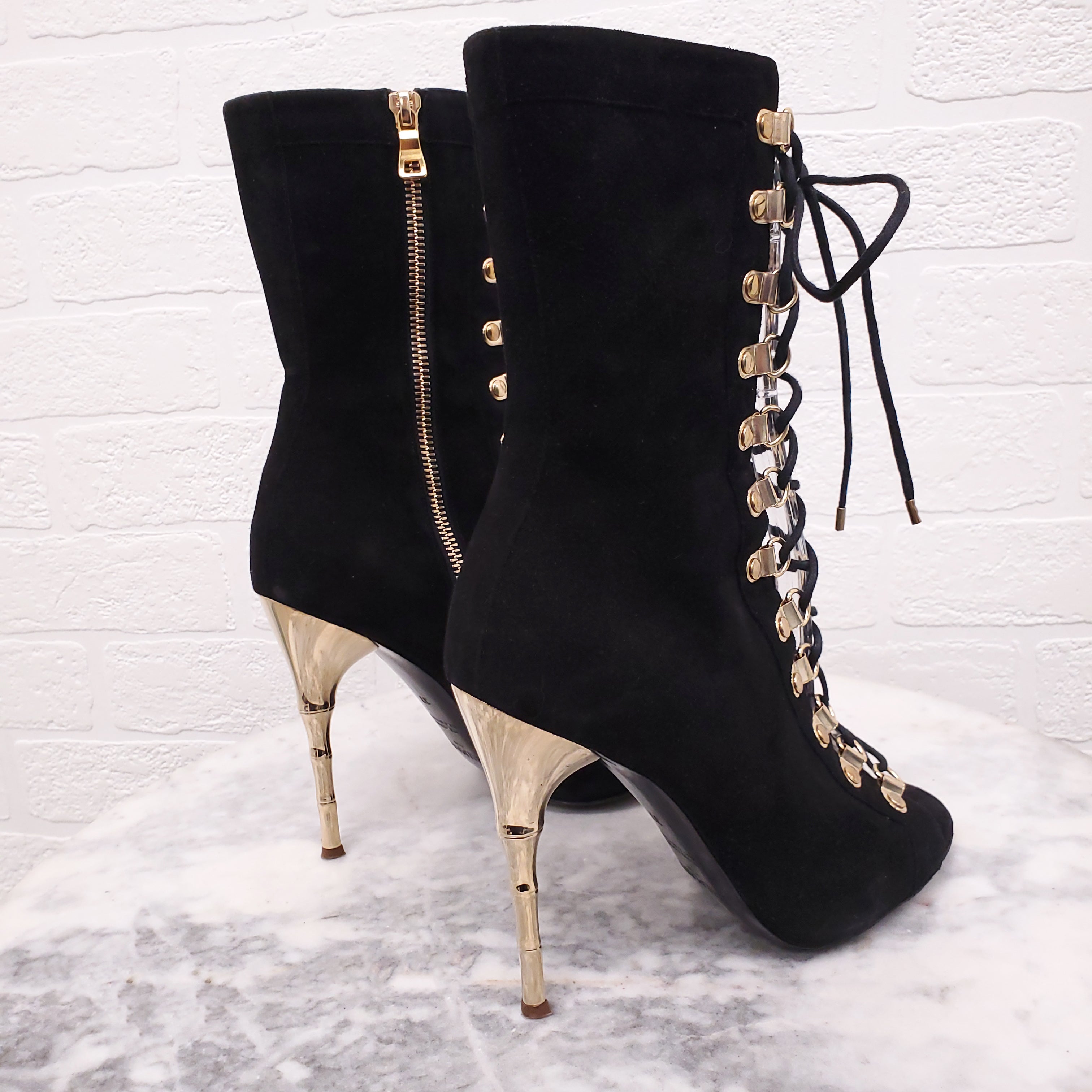 BALMAIN BLACK SUEDE LACE UP BOOTIES WITH GOLD HEEL - SIZE 37