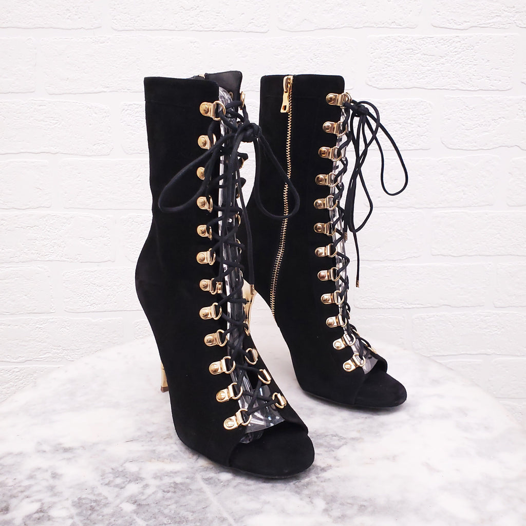 BALMAIN BLACK SUEDE LACE UP BOOTIES WITH GOLD HEEL - SIZE 37