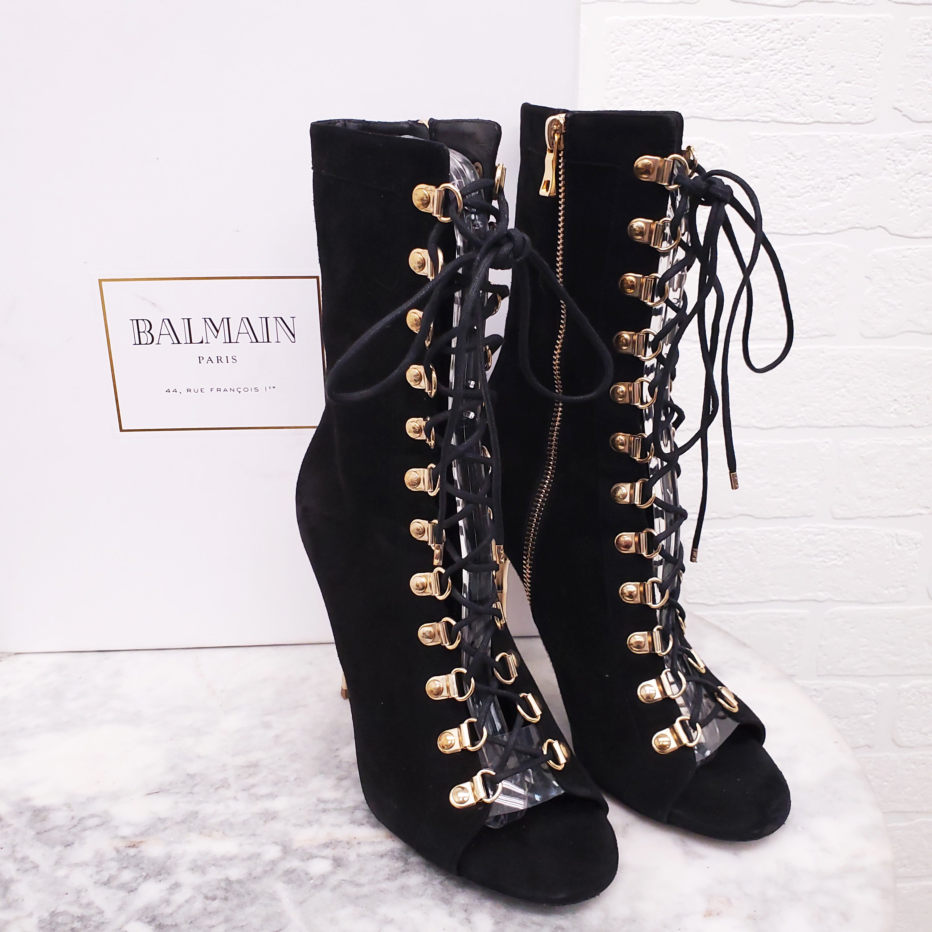 BALMAIN BLACK SUEDE LACE UP BOOTIES WITH GOLD HEEL - SIZE 37