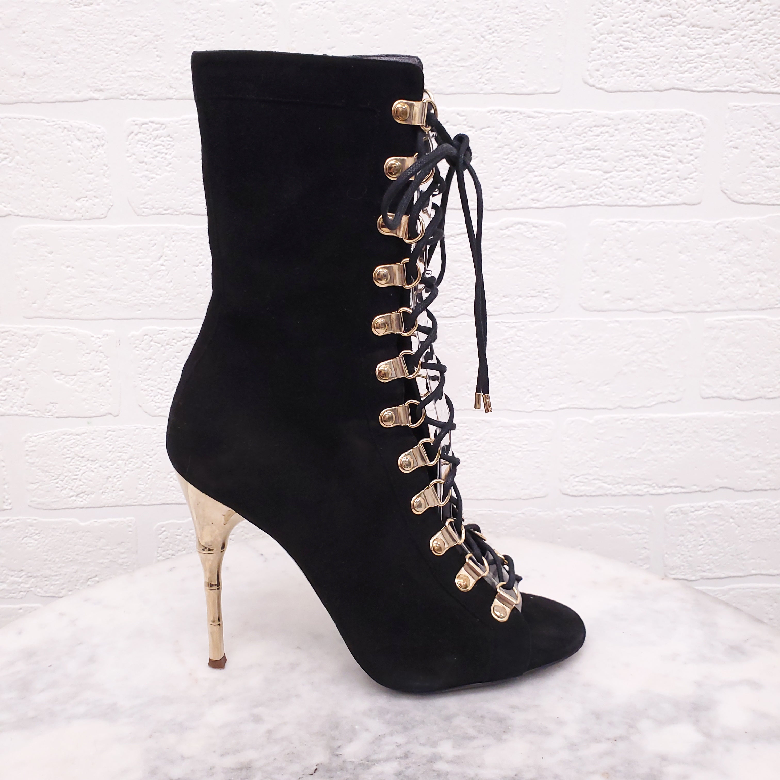 BALMAIN BLACK SUEDE LACE UP BOOTIES WITH GOLD HEEL - SIZE 37
