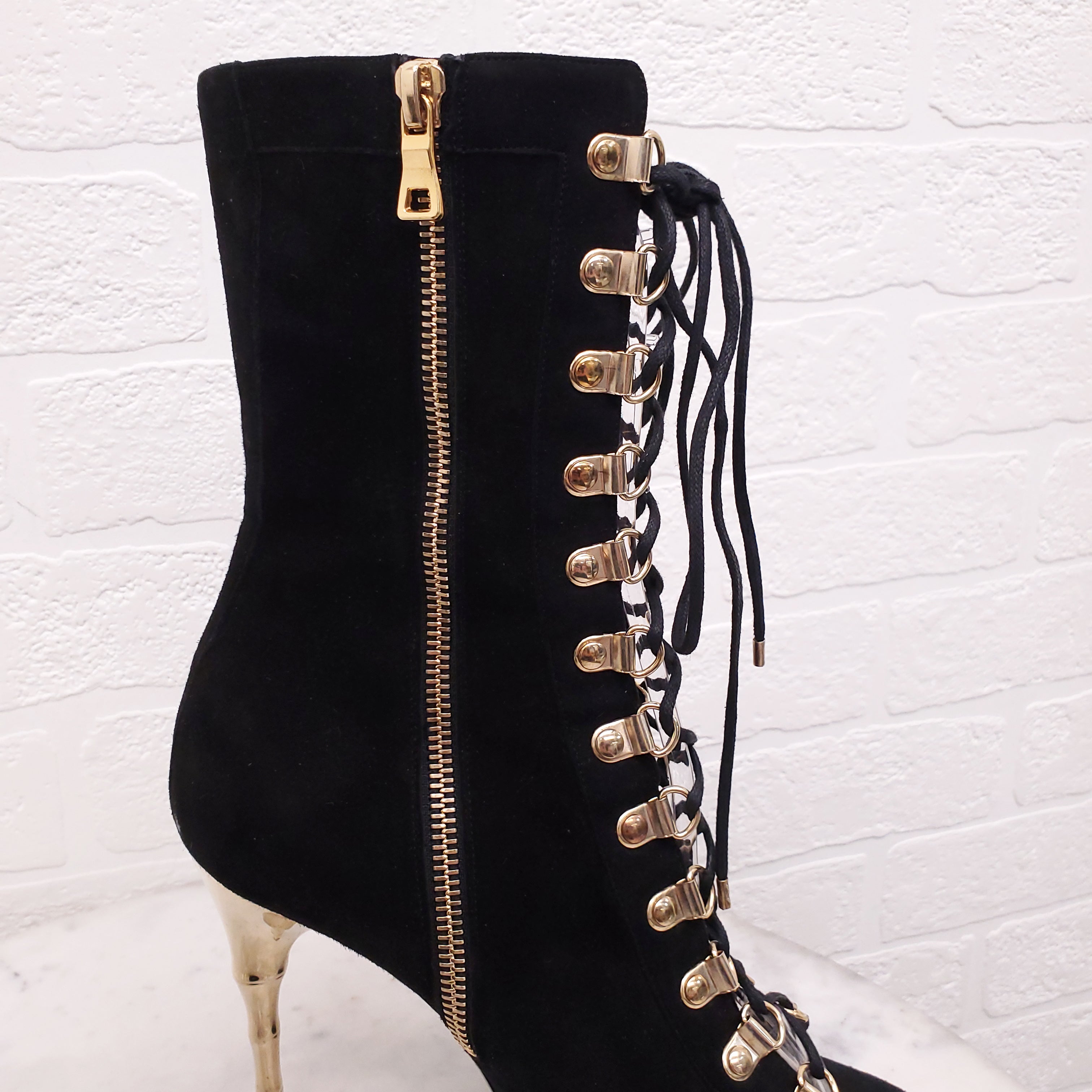 BALMAIN BLACK SUEDE LACE UP BOOTIES WITH GOLD HEEL - SIZE 37