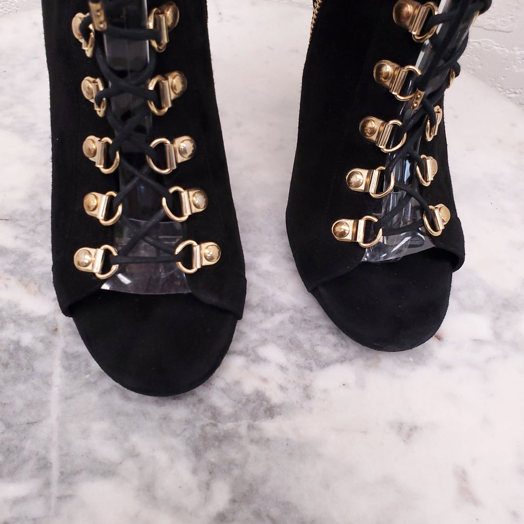 BALMAIN BLACK SUEDE LACE UP BOOTIES WITH GOLD HEEL - SIZE 37