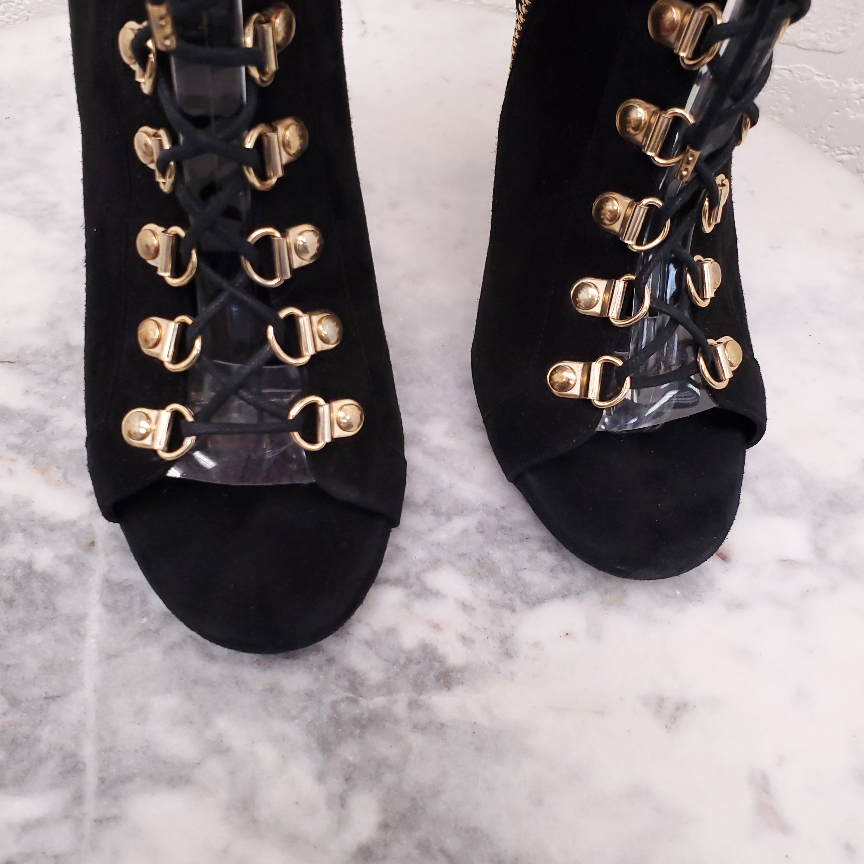 BALMAIN BLACK SUEDE LACE UP BOOTIES WITH GOLD HEEL - SIZE 37