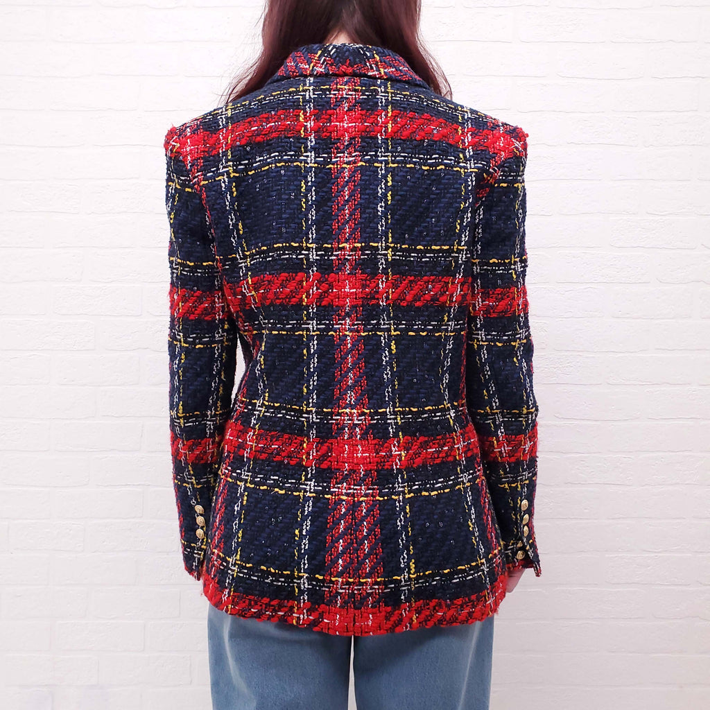 BALMAIN BLUE AND RED PLAID TWEED BLAZER  - SIZE 42
