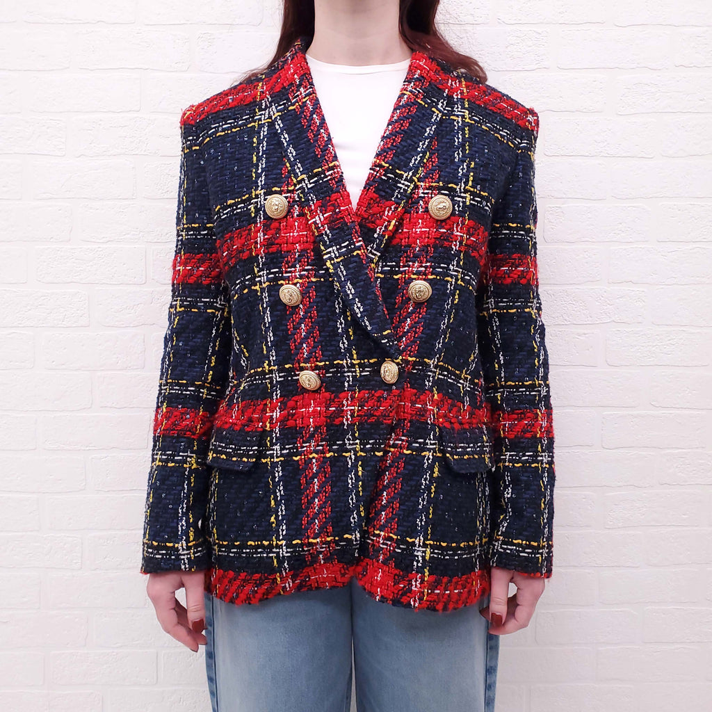 BALMAIN BLUE AND RED PLAID TWEED BLAZER  - SIZE 42