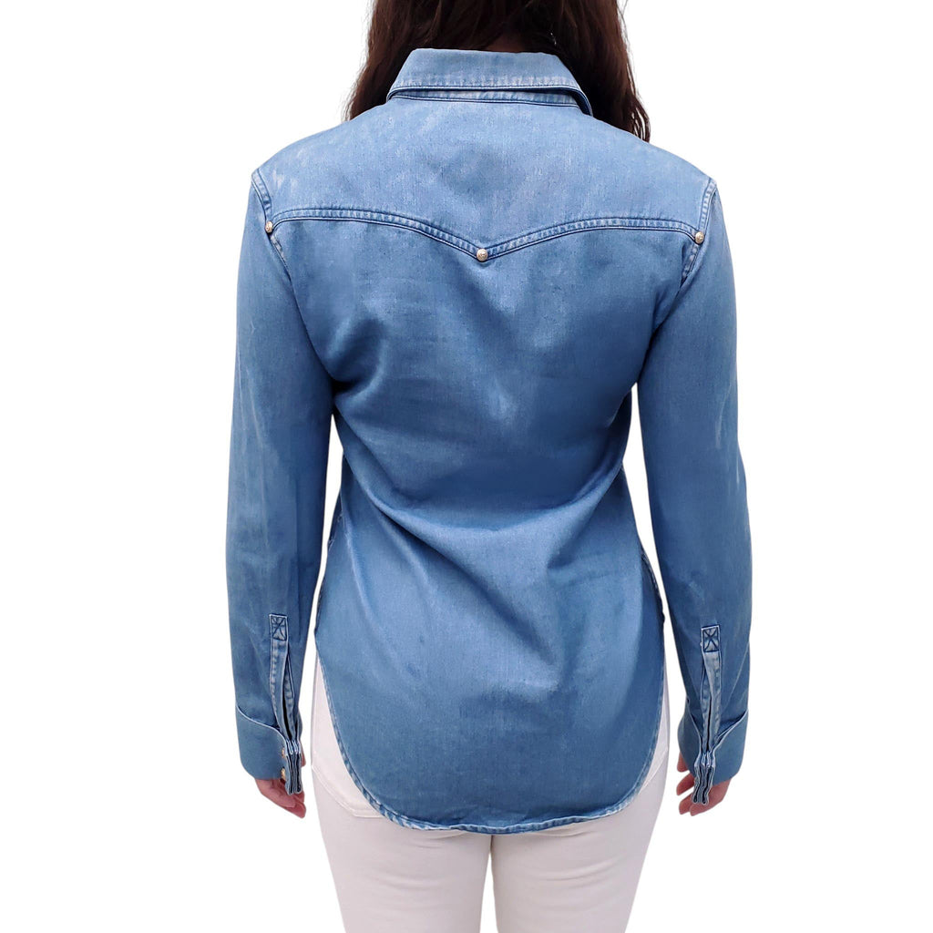 BALMAIN DENIM-EFFECT TOP WITH GOLD BUTTONS - SIZE 36