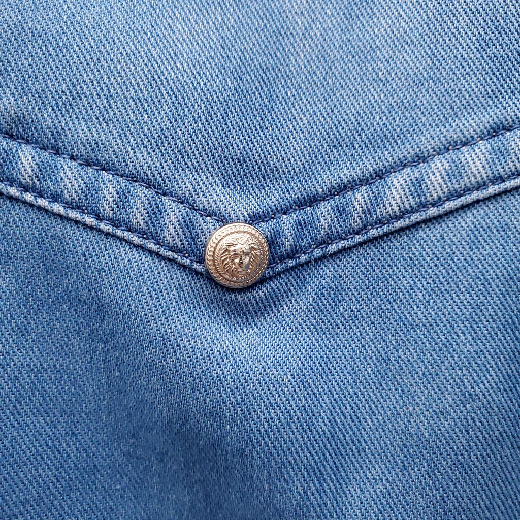 BALMAIN DENIM-EFFECT TOP WITH GOLD BUTTONS - SIZE 36