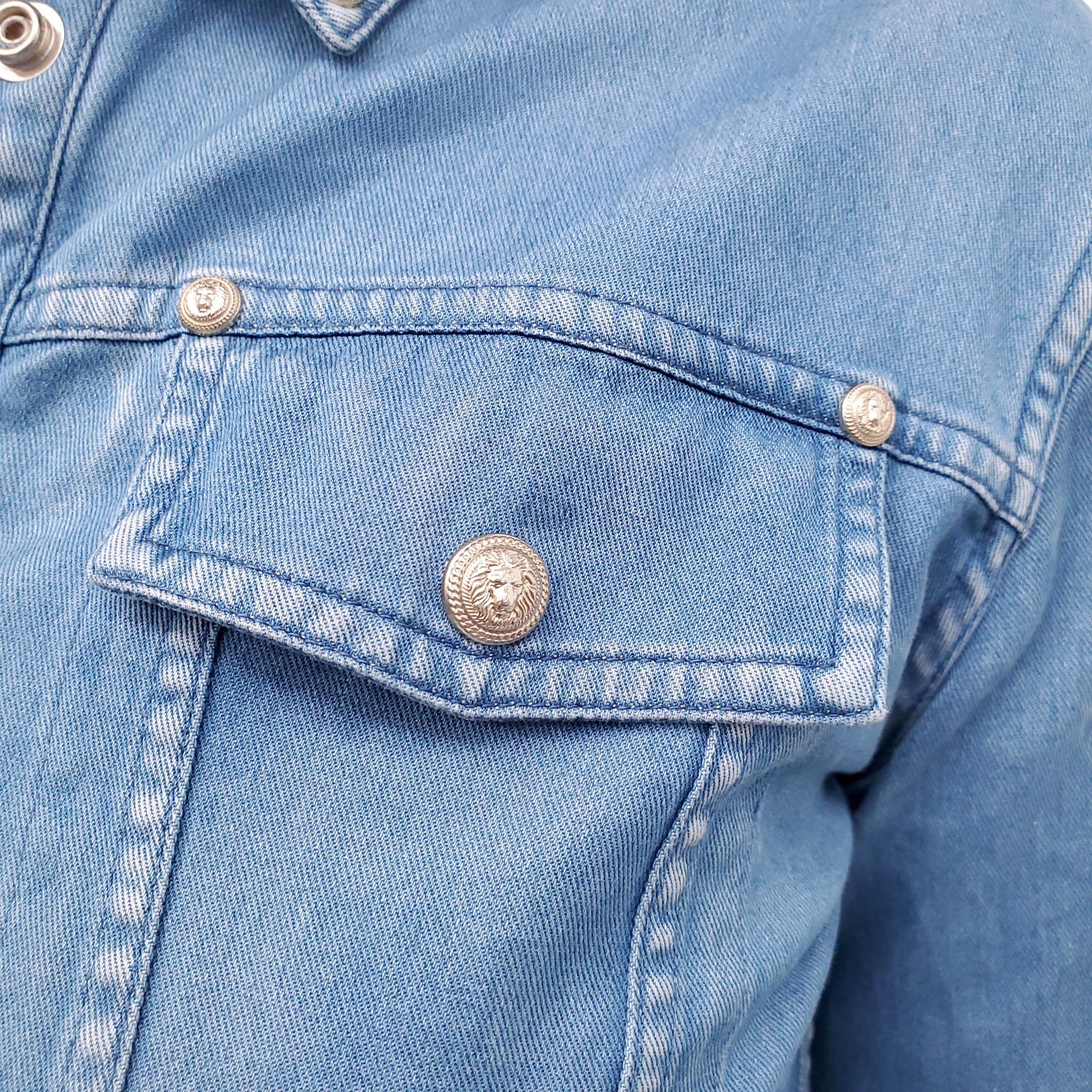BALMAIN DENIM-EFFECT TOP WITH GOLD BUTTONS - SIZE 36