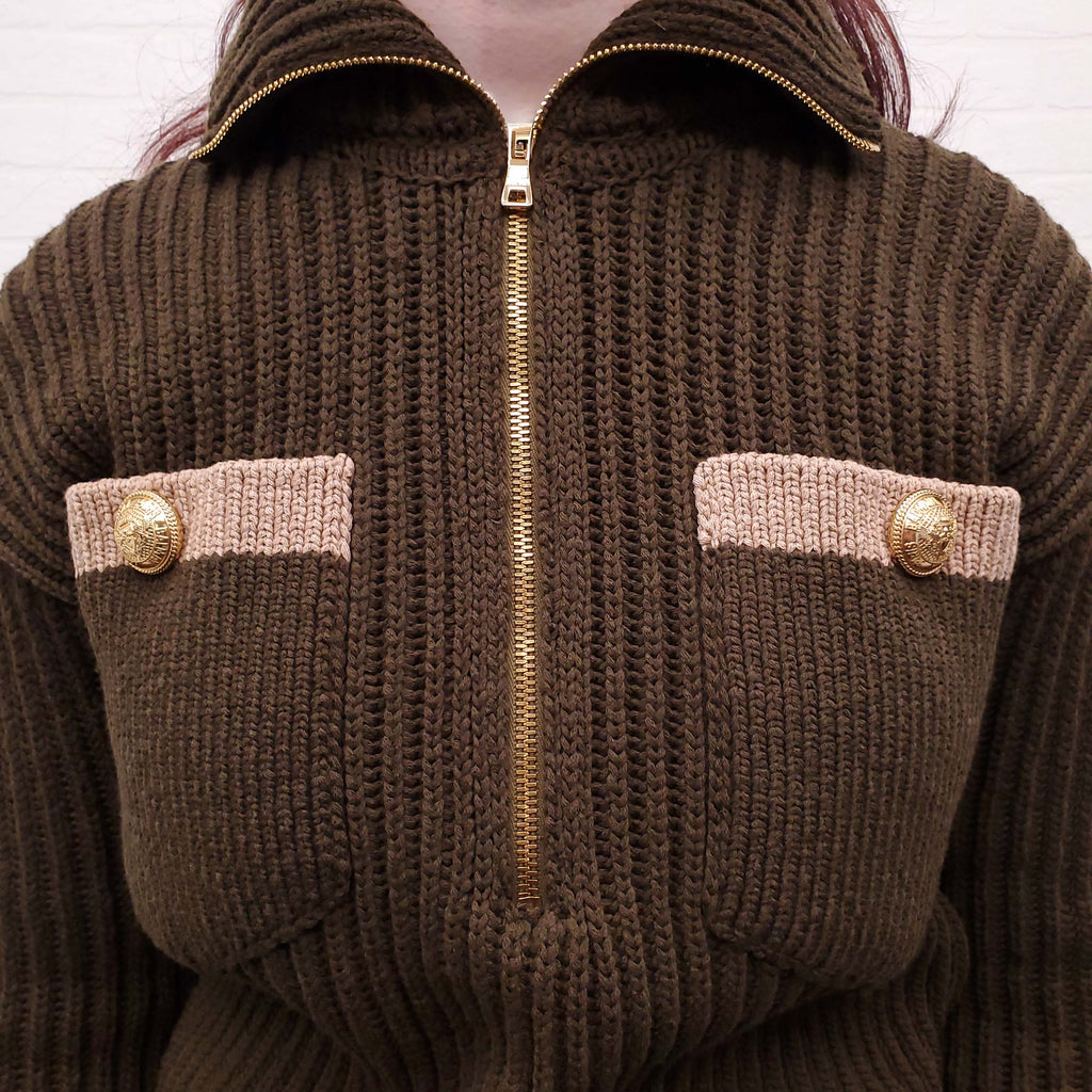 BALMAIN OLIVE SWEATER WITH FRONT POCKETS - SIZE 34