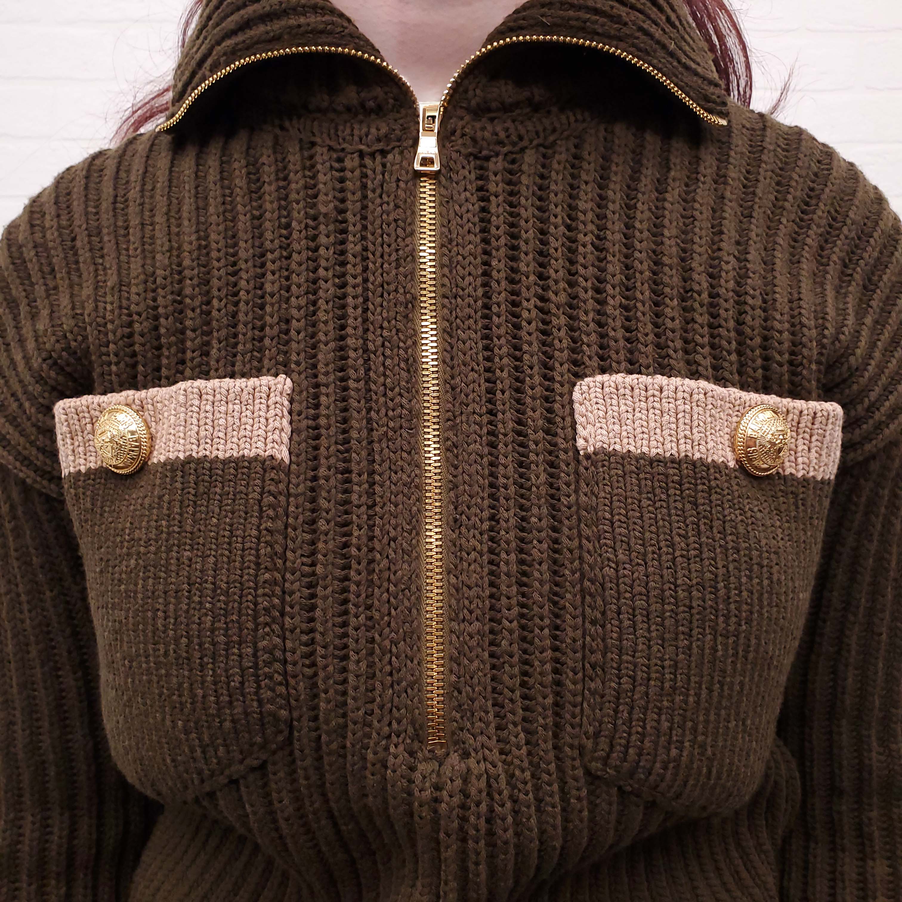 BALMAIN OLIVE SWEATER WITH FRONT POCKETS - SIZE 34