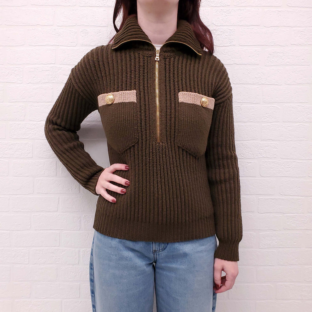 BALMAIN OLIVE SWEATER WITH FRONT POCKETS - SIZE 34