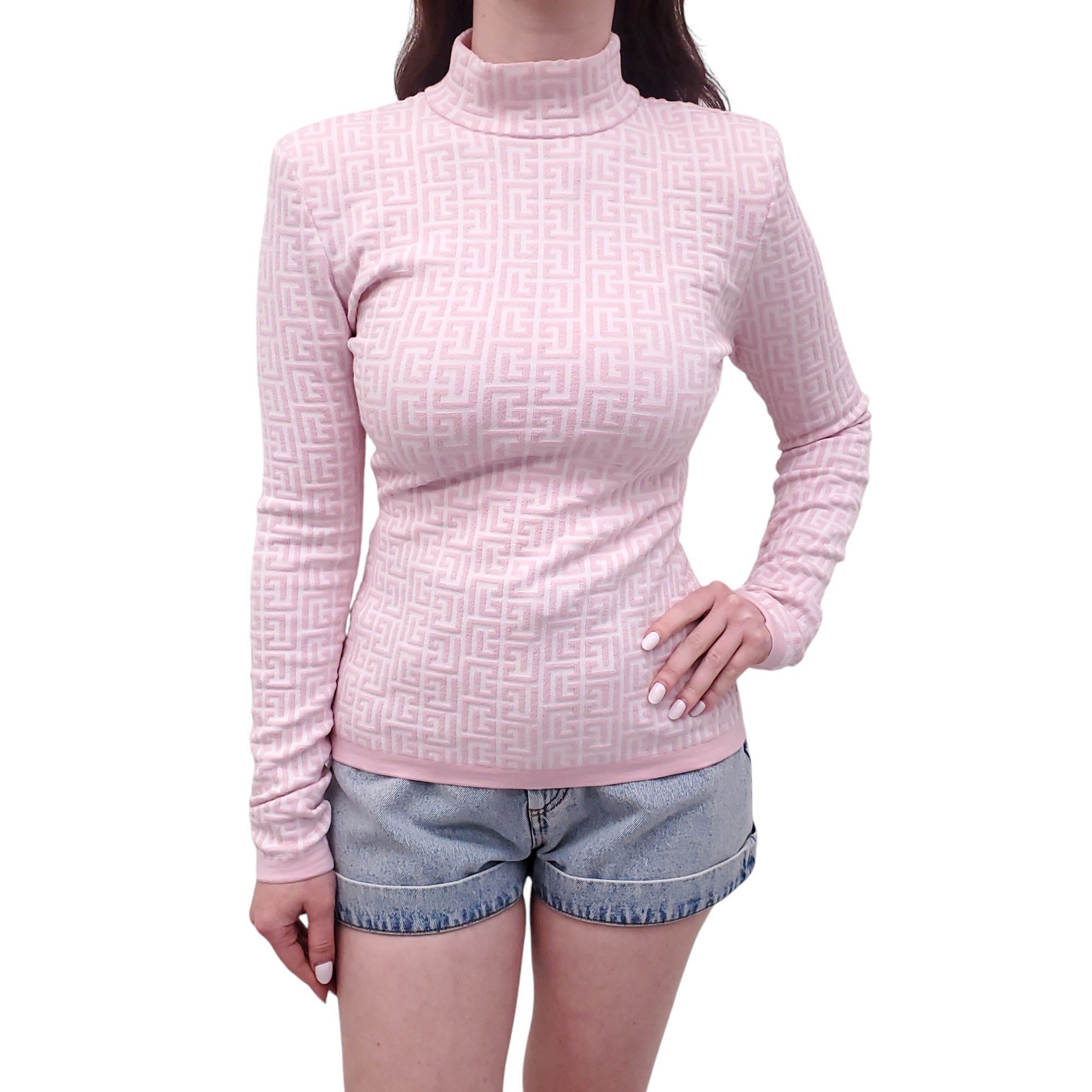 BALMAIN PINK JACQUARD PATTERNED LONG-SLEEVE TOP - SIZE 38