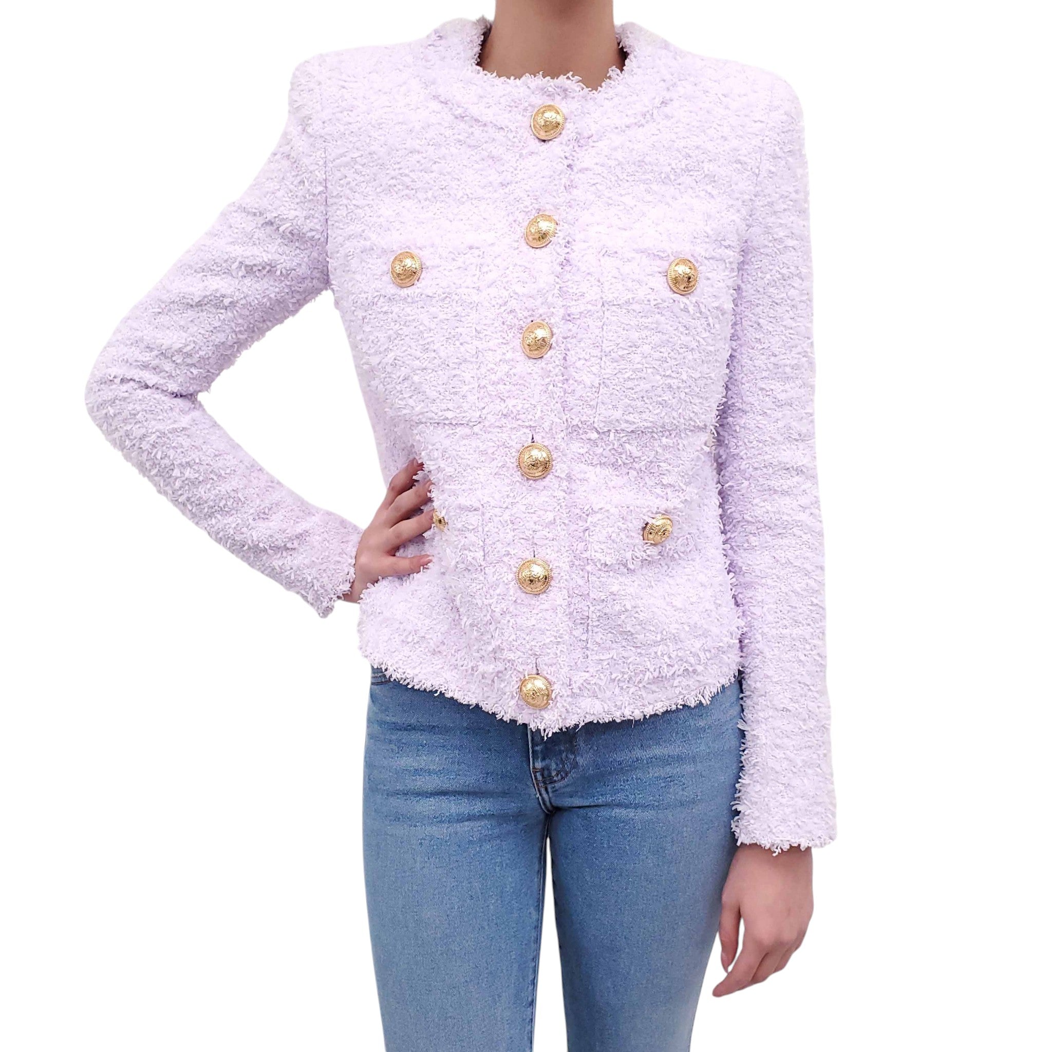 BALMAIN PURPLE TWEED BLAZER WITH LOGO BUTTONS - SIZE 34