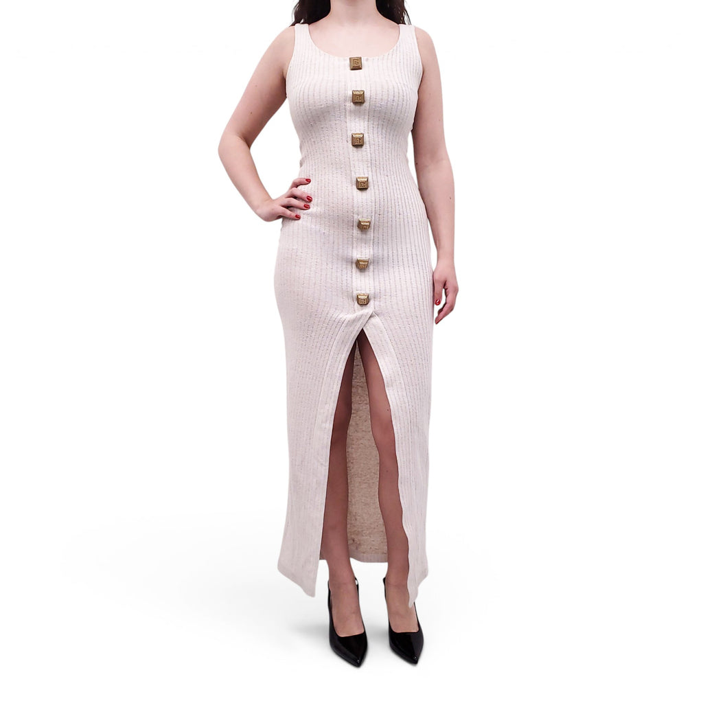 BALMAIN RIBBED TAUPE KNIT SLEEVELESS DRESS WITH GOLD BUTTONS - SIZE 36