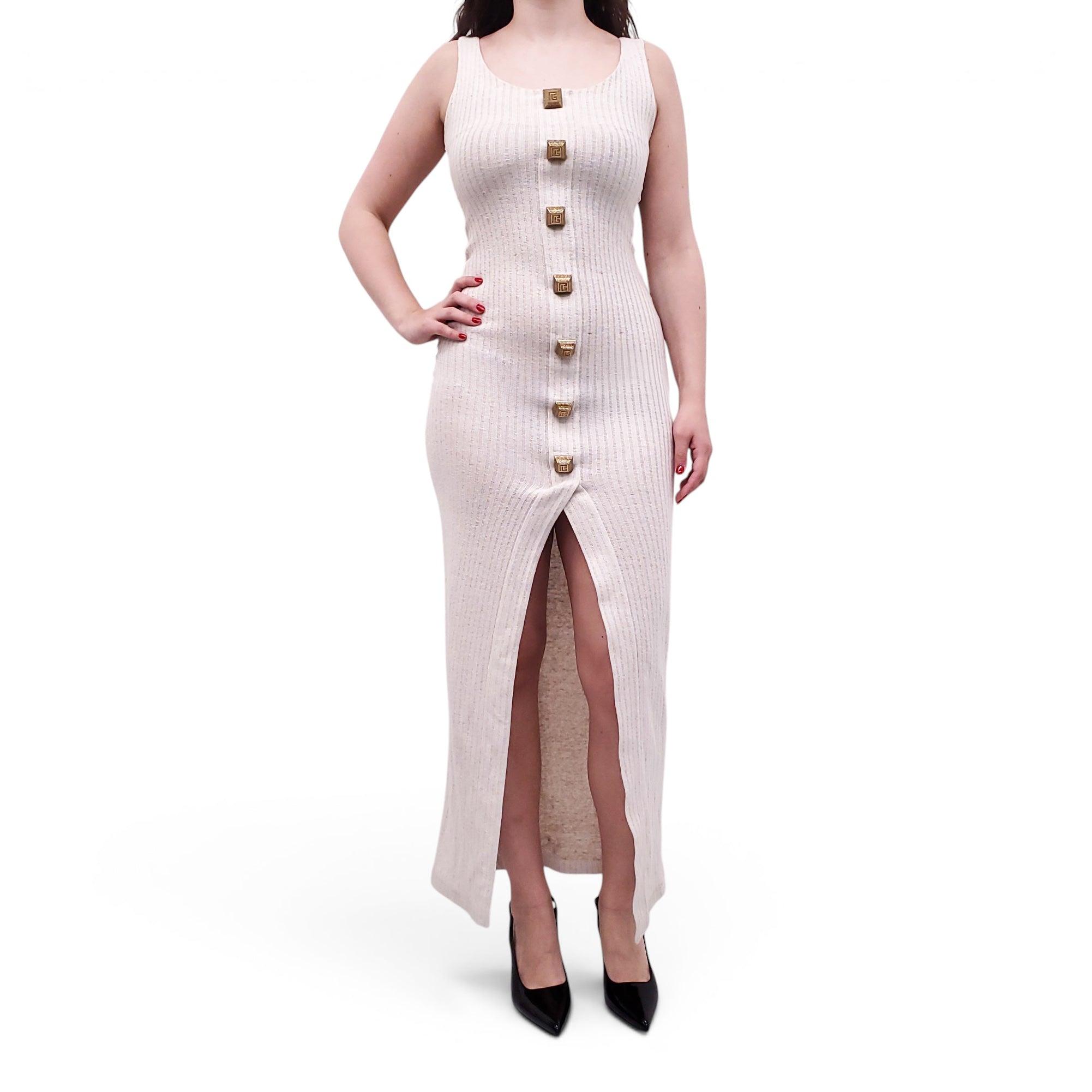 BALMAIN RIBBED TAUPE KNIT SLEEVELESS DRESS WITH GOLD BUTTONS - SIZE 36