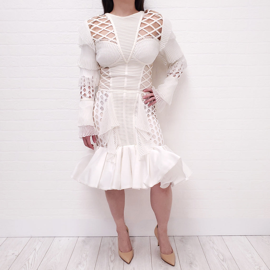 BALMAIN RUNWAY WHITE LONG SLEEVE DRESS - SIZE 40
