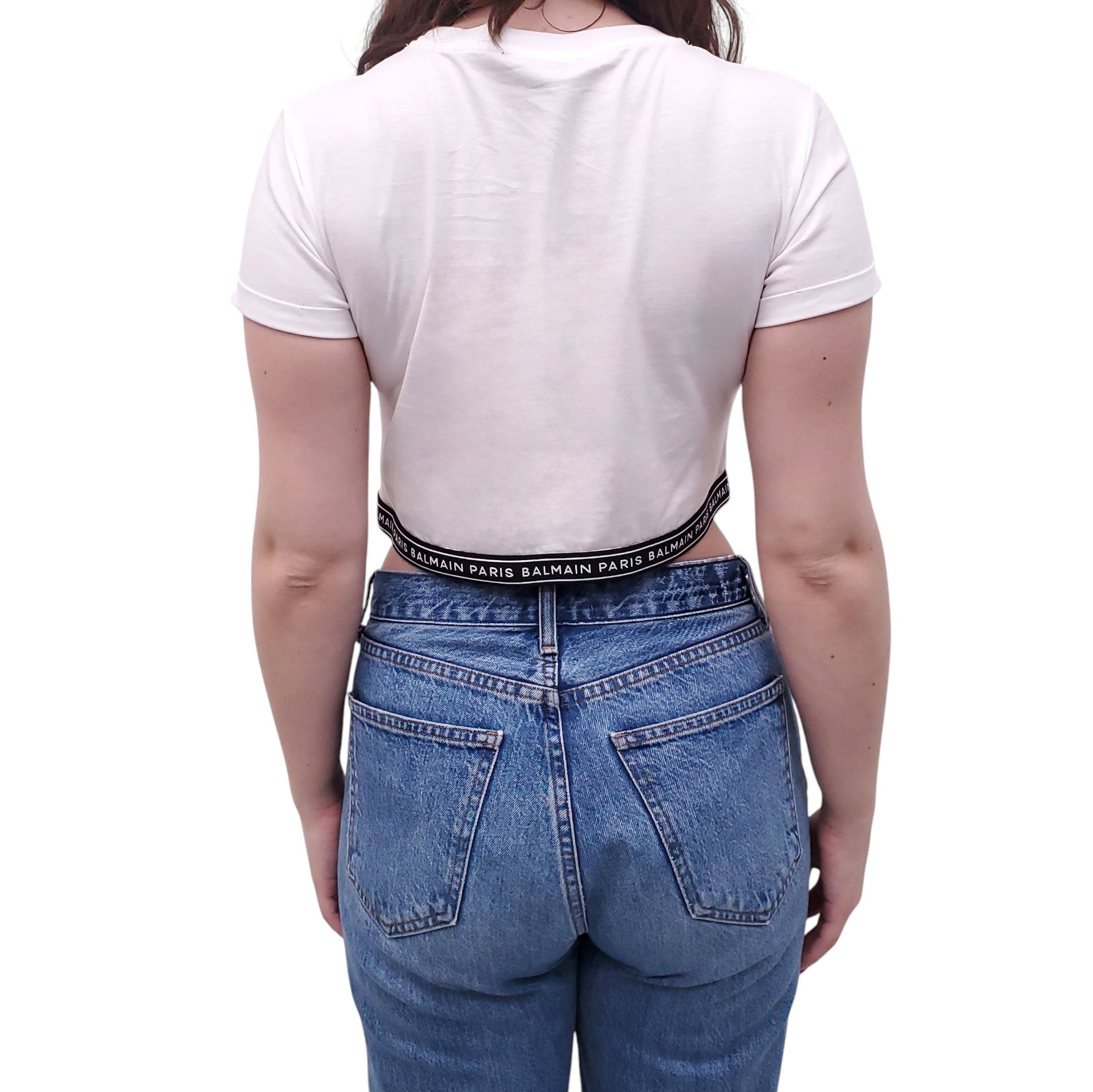 BALMAIN WHITE CROPPED TOP WITH LOGO ELASTIC WAIST DETAIL - KIDS SIZE 12A