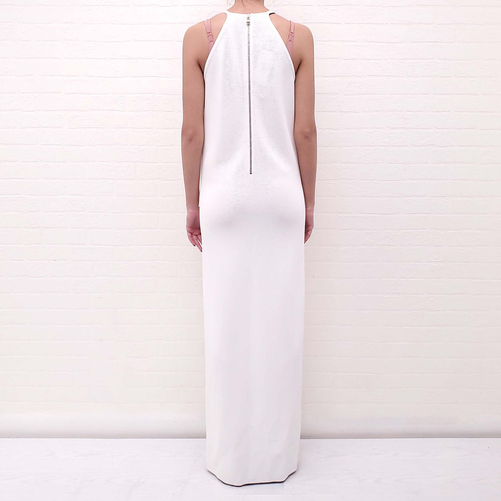 BALMAIN WHITE KNIT GOWN WITH BLACK COLLAR AND SILVER BUTTON - SIZE 34