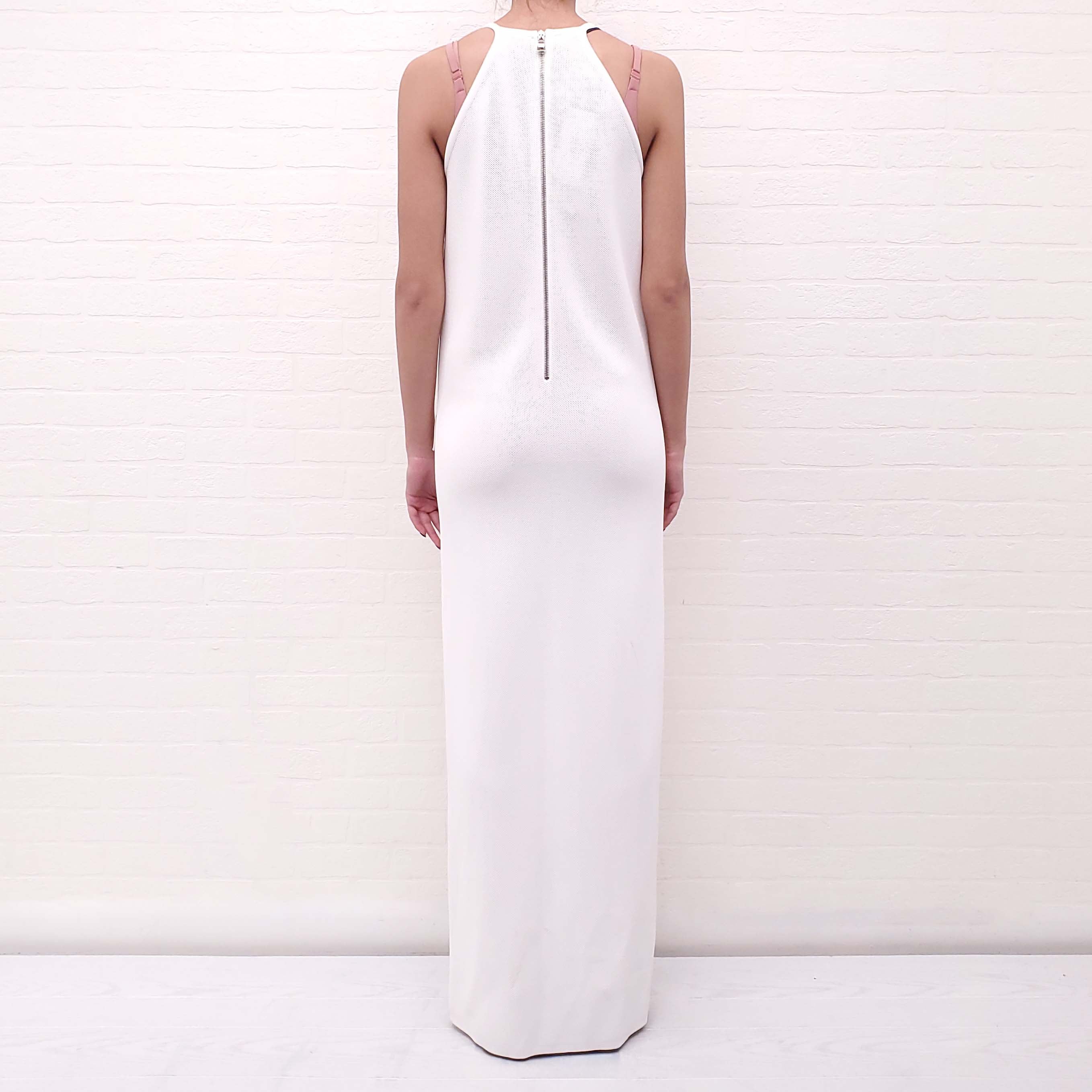 BALMAIN WHITE KNIT GOWN WITH BLACK COLLAR AND SILVER BUTTON - SIZE 34