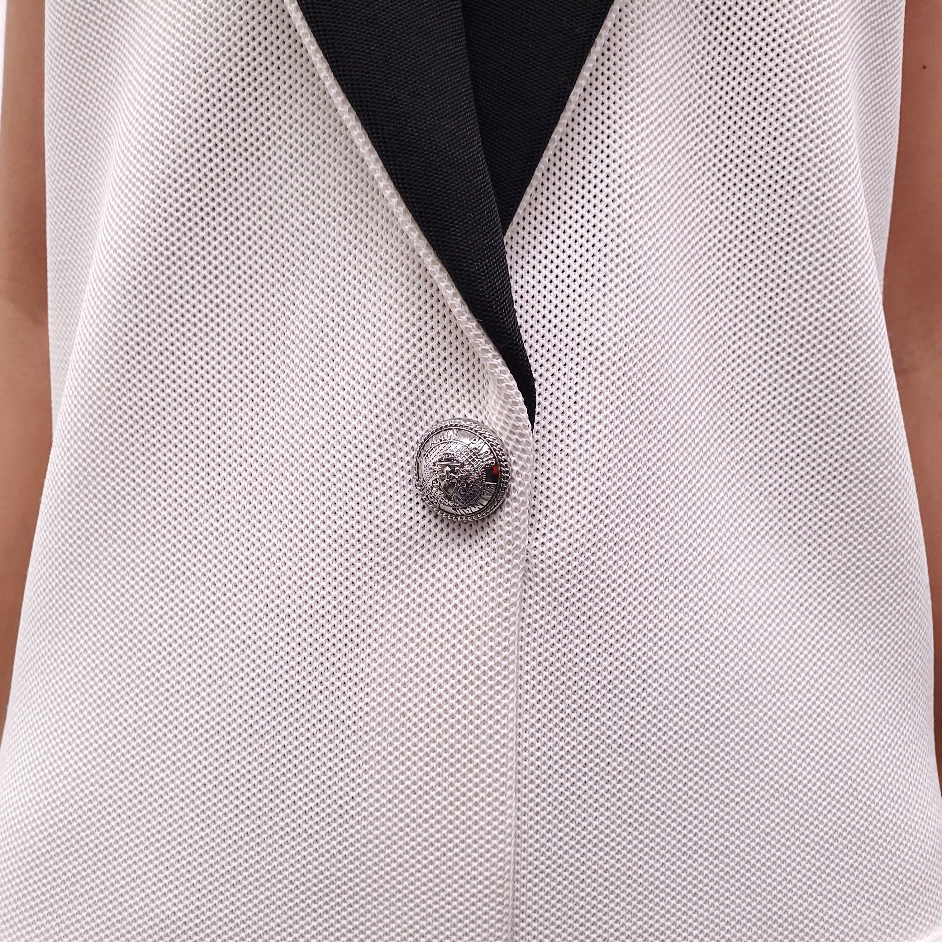 BALMAIN WHITE KNIT GOWN WITH BLACK COLLAR AND SILVER BUTTON - SIZE 34