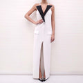 BALMAIN WHITE KNIT GOWN WITH BLACK COLLAR AND SILVER BUTTON - SIZE 34