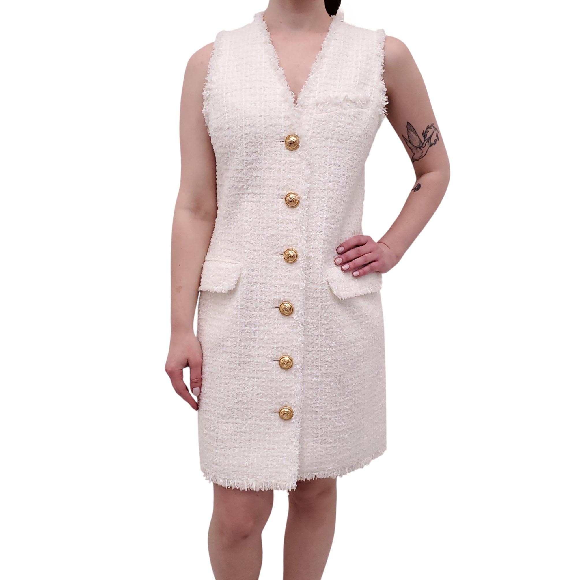 BALMAIN WHITE TWEED DRESS WITH GOLD BUTTONS - SIZE 42