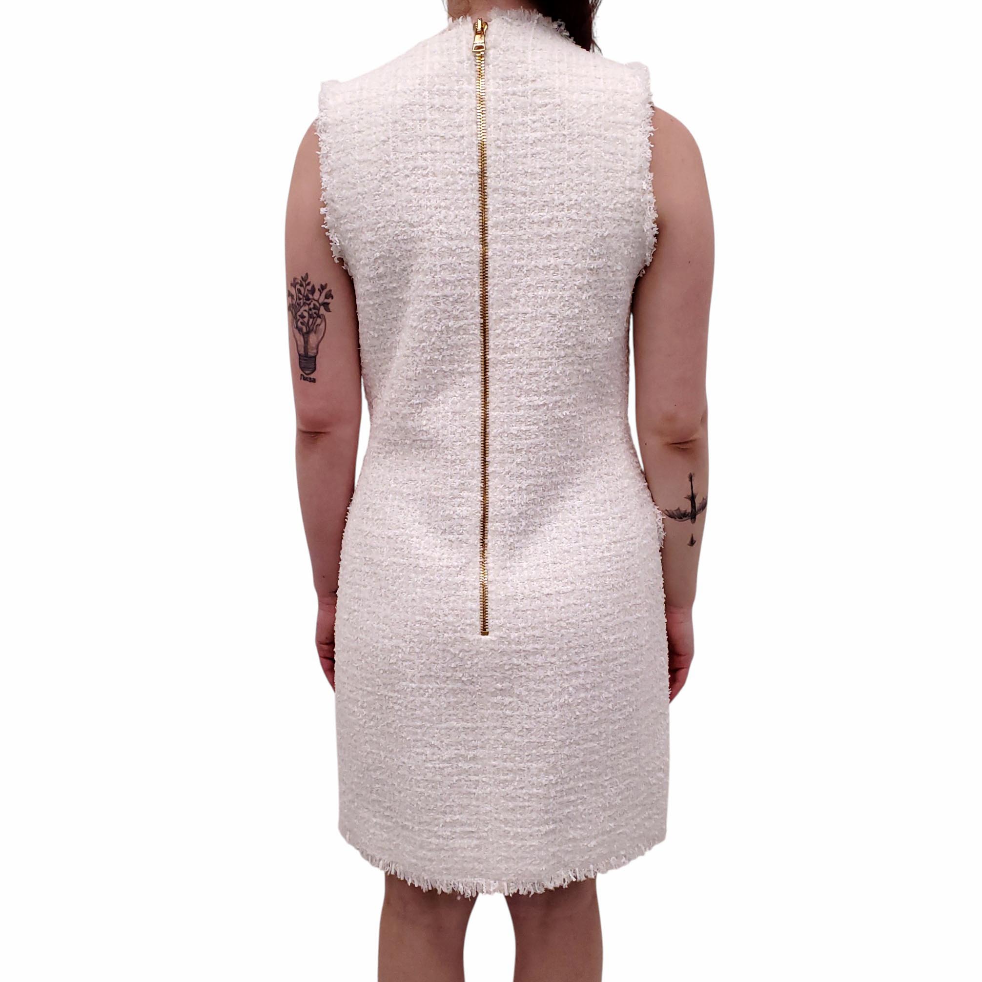 BALMAIN WHITE TWEED DRESS WITH GOLD BUTTONS - SIZE 42