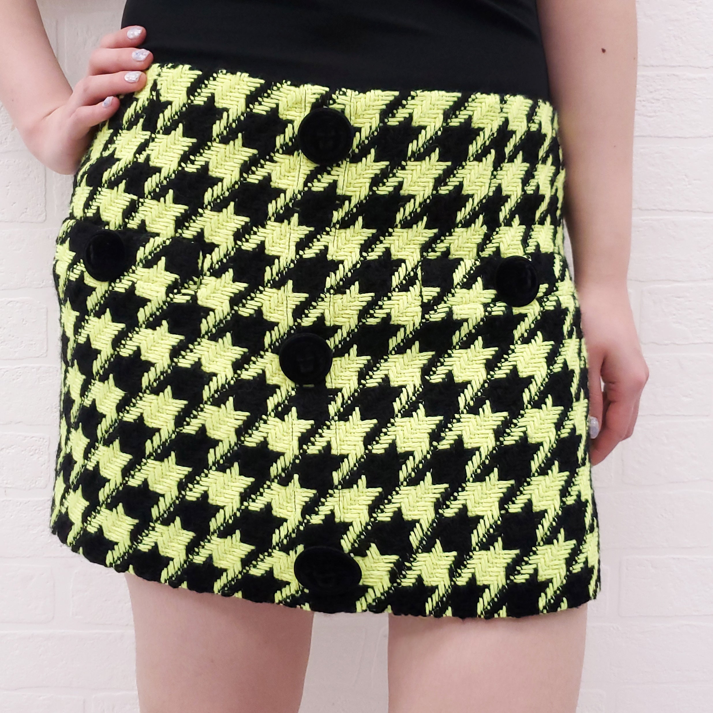 BALMAIN YELLOW AND BLACK HOUNDSTOOTH SKIRT - SIZE 42
