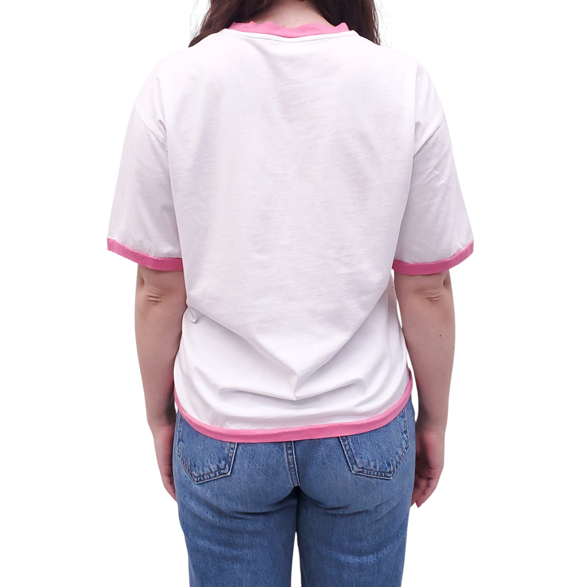 BALMAIN x BARBIE WHITE AND PINK LOGO T-SHIRT - SIZE M