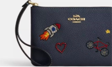 NWT Coach Leather Corner Zip Wristlet Wallet with Embellishments In Gold/Denim