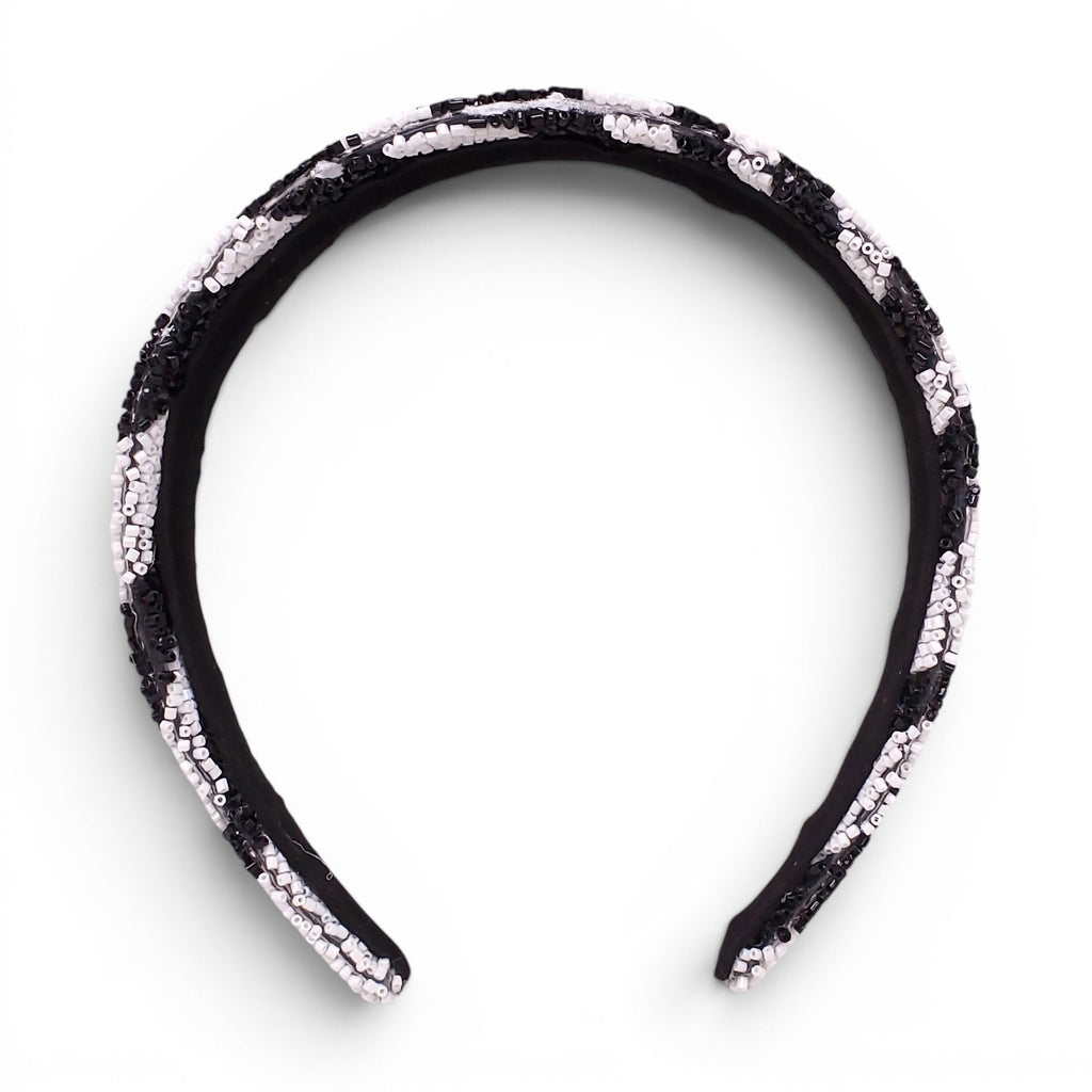 BLACK AND WHITE ZEBRA PATTERNED BEADED HEADBAND
