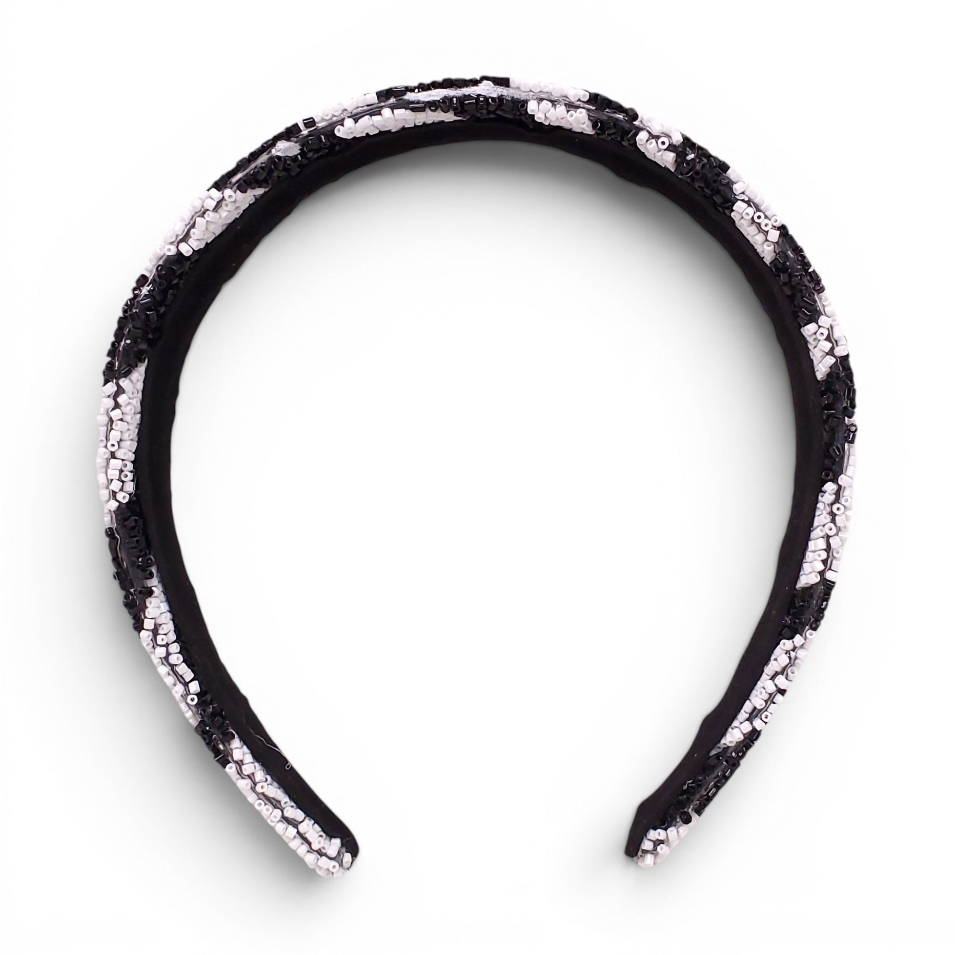 BLACK AND WHITE ZEBRA PATTERNED BEADED HEADBAND