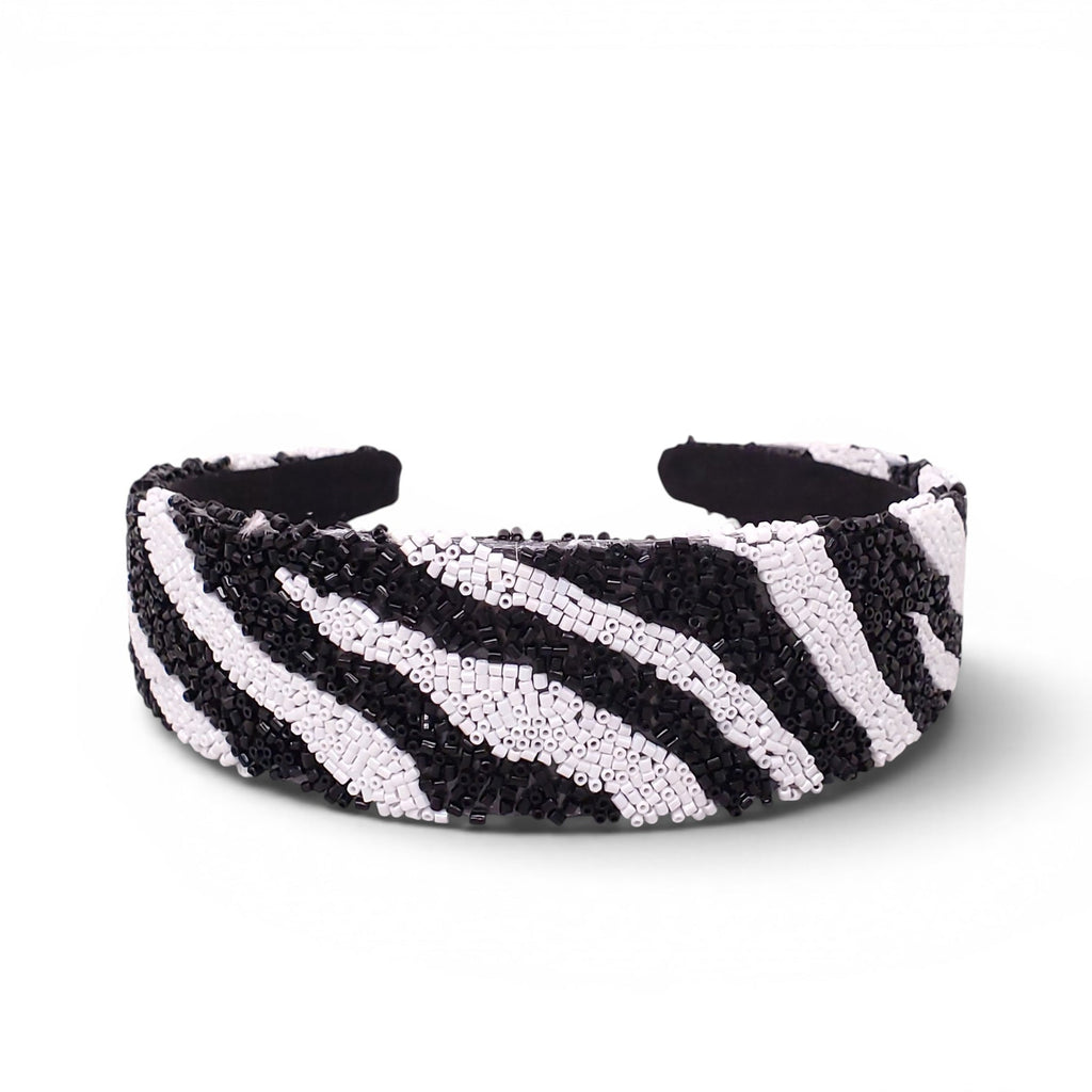 BLACK AND WHITE ZEBRA PATTERNED BEADED HEADBAND