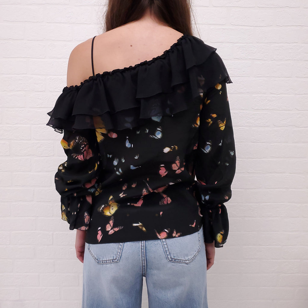 BLUMARINE BLACK RUFFLE OFF THE SHOULDER BUTTERFLY PRINT BLOUSE - SIZE 36