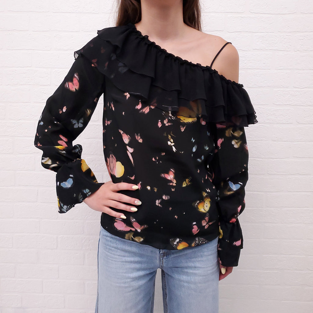 BLUMARINE BLACK RUFFLE OFF THE SHOULDER BUTTERFLY PRINT BLOUSE - SIZE 36