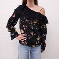 BLUMARINE BLACK RUFFLE OFF THE SHOULDER BUTTERFLY PRINT BLOUSE - SIZE 36