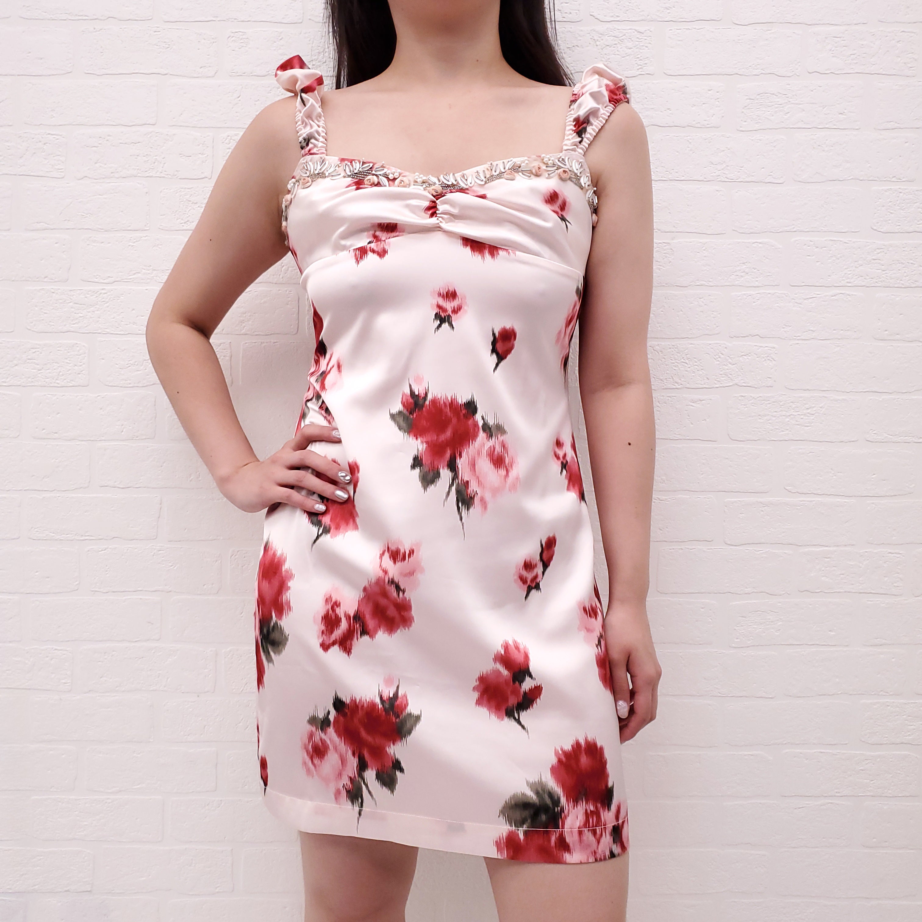 BLUMARINE PINK ROSE PRINT DRESS WITH BEADING - SIZE 42
