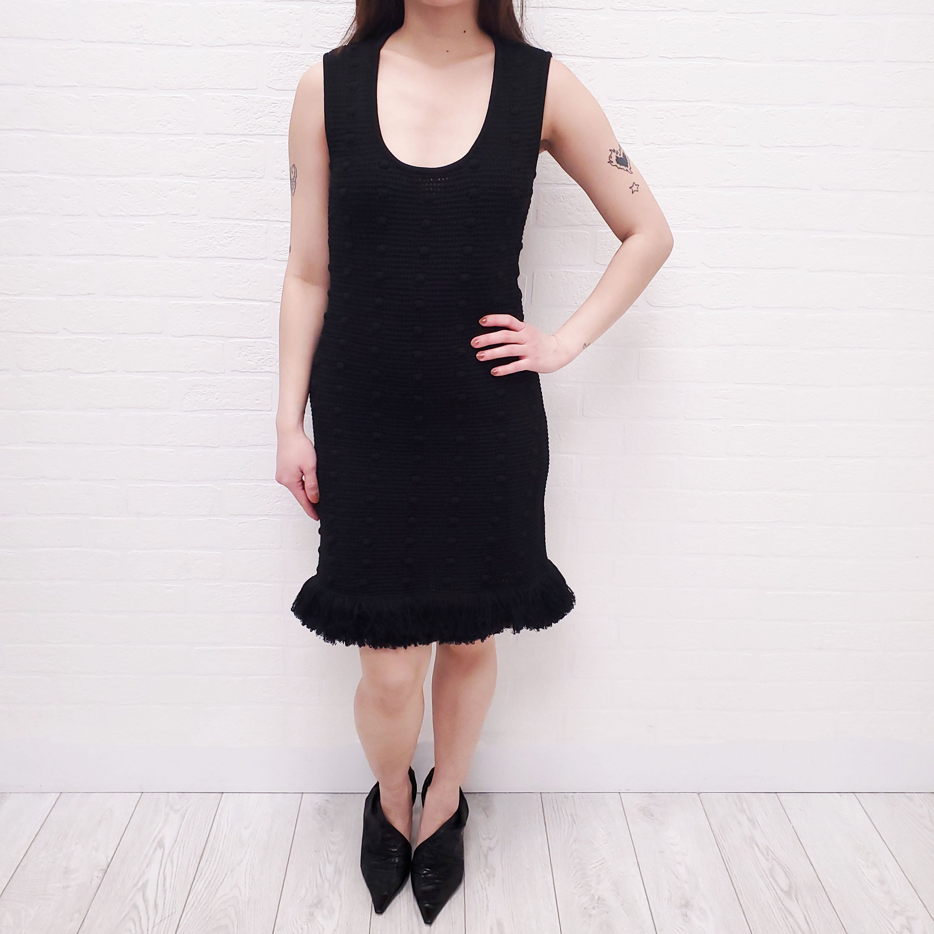 BOTTEGA VENETA BLACK KNIT DRESS WITH FRINGE DETAIL - SIZE S