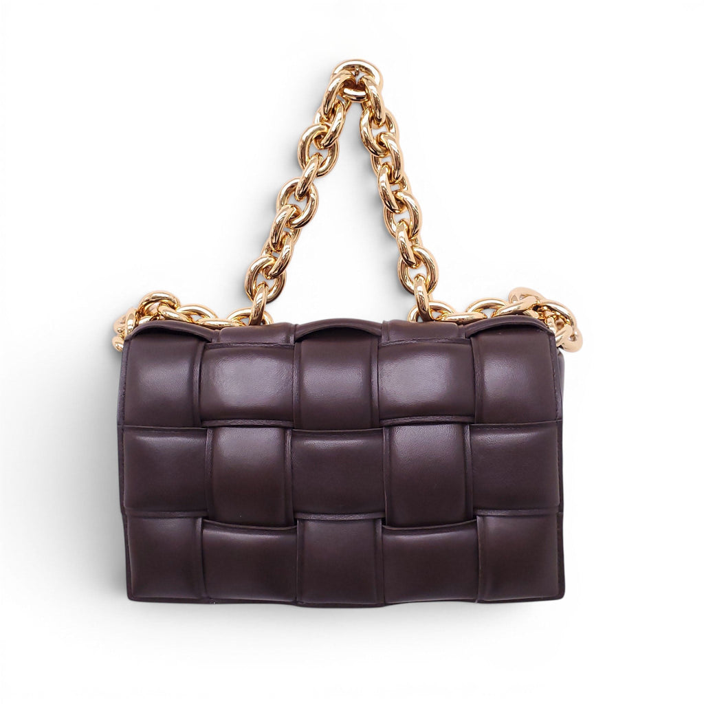 BOTTEGA VENETA BROWN LEATHER PADDED CASSETTE BAG WITH GOLD CHAIN