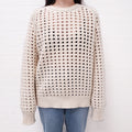 BOTTEGA VENETA CREAM WOOL OPEN CABLE KNIT SWEATER WITH GREEN STITCHING - SIZE M