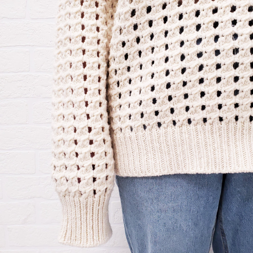 BOTTEGA VENETA CREAM WOOL OPEN CABLE KNIT SWEATER WITH GREEN STITCHING - SIZE M
