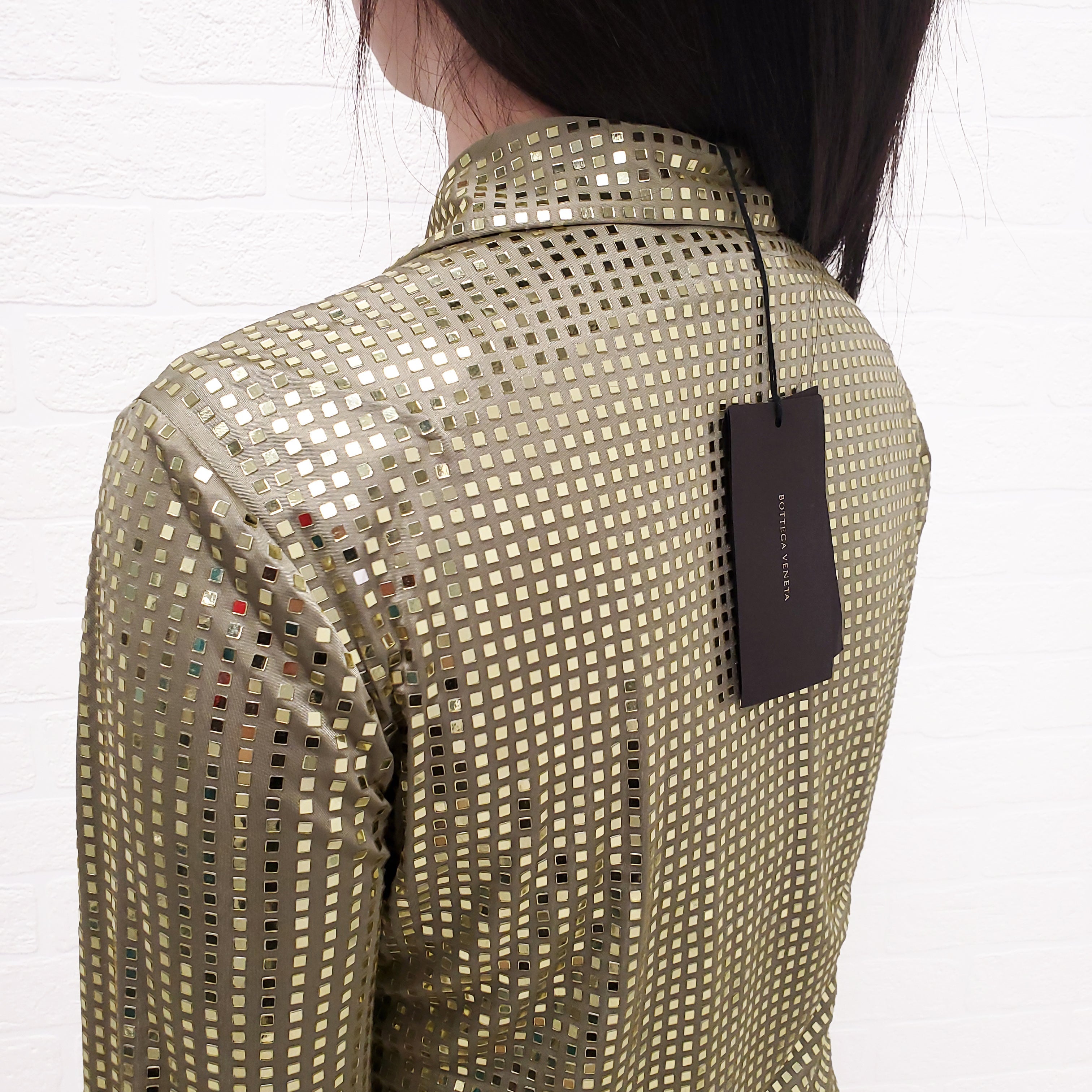 BOTTEGA VENETA GREEN SATIN SEQUIN BLOUSE - SIZE 38
