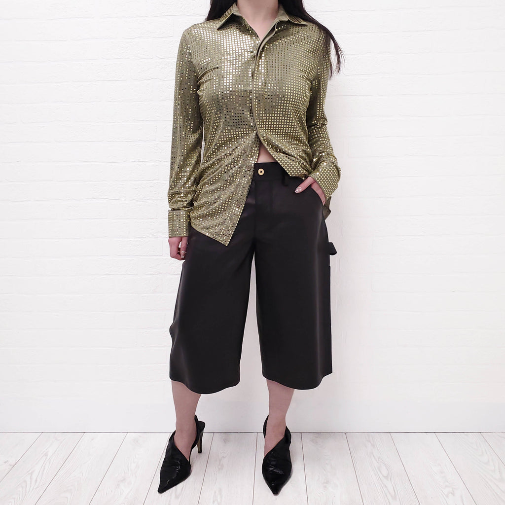 BOTTEGA VENETA GREEN SATIN SEQUIN BLOUSE - SIZE 38