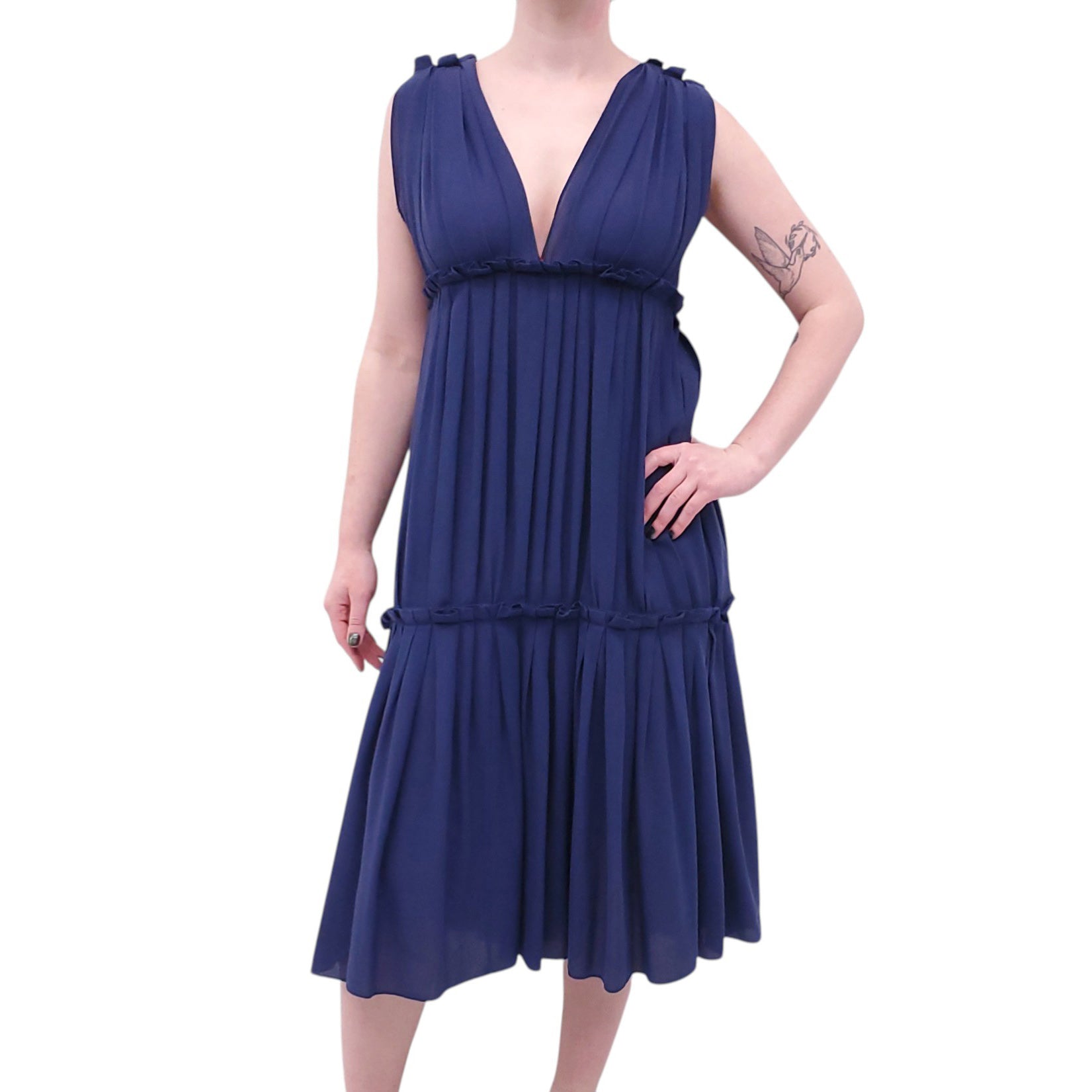 BOTTEGA VENETA NAVY COTTON PLEATED DRESS - SIZE 38