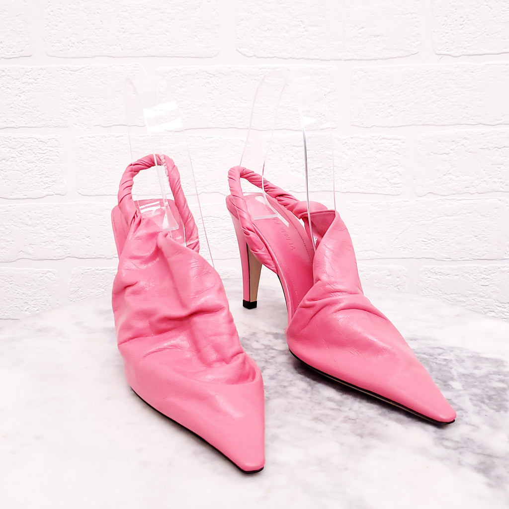 BOTTEGA VENETA PINK CRINKLED LEATHER MULES - SIZE 36.5