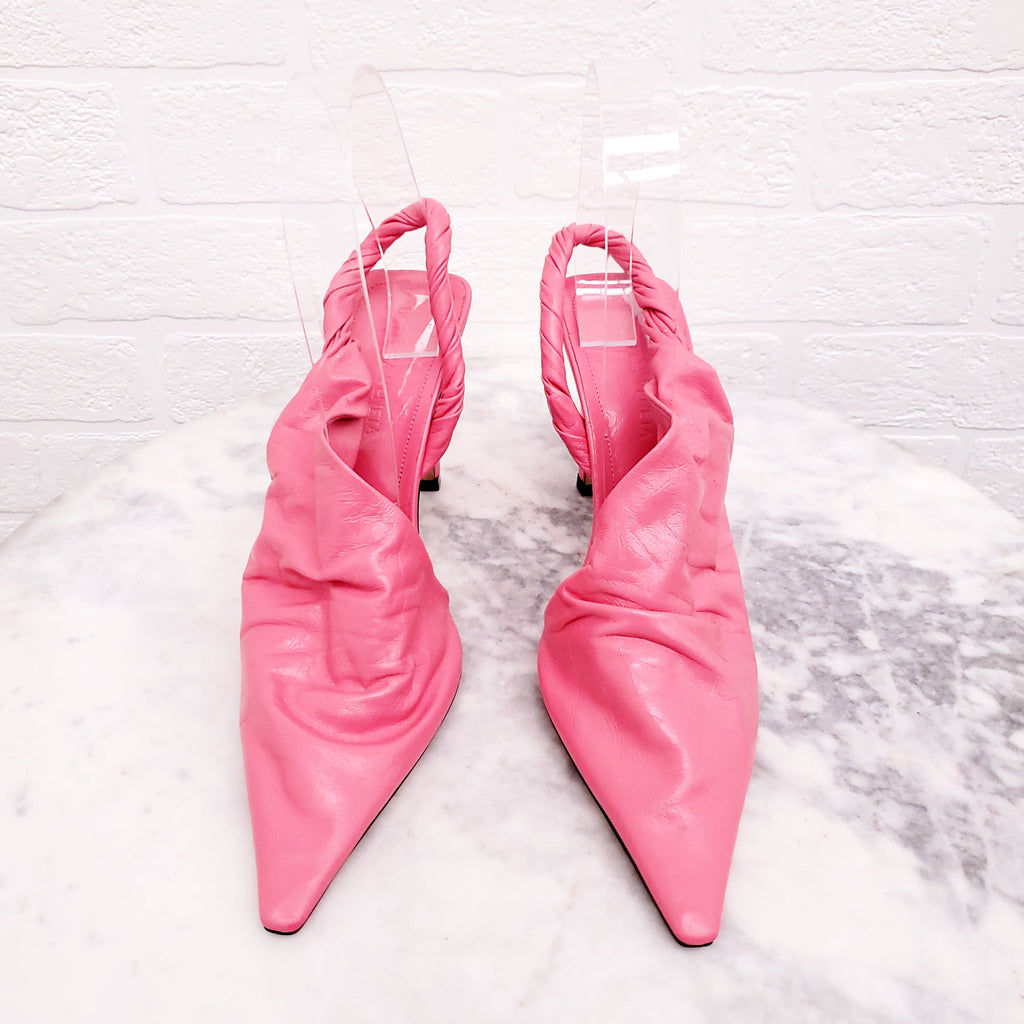 BOTTEGA VENETA PINK CRINKLED LEATHER MULES - SIZE 36.5