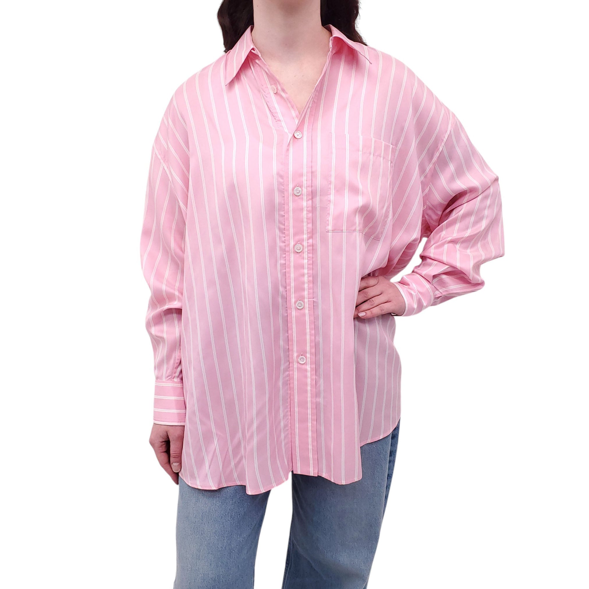 BOTTEGA VENETA PINK SILK OVERSIZED STRIPED BLOUSE - SIZE 38