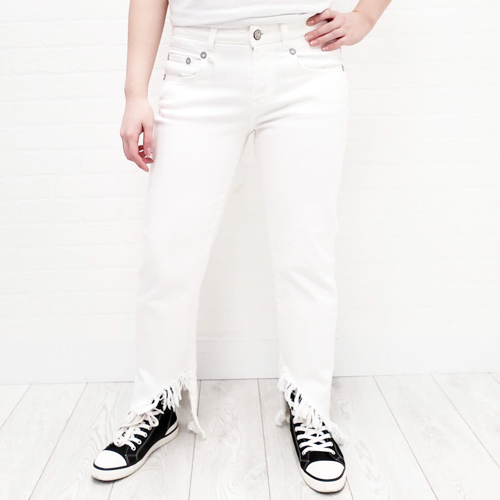 R13 WHITE DISTRESSED BOY STRAIGHT WITH SPIRAL JEANS - SIZE 27