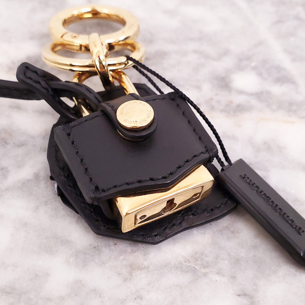 BURBERRY BLACK LEATHER ‘PALLAS HELMET’ KEYCHAIN